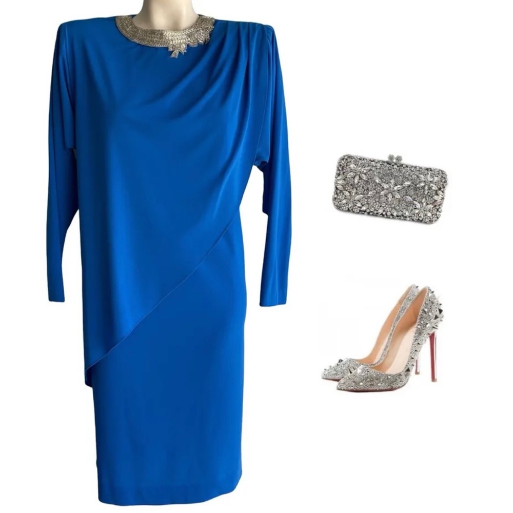 NUIT VINTAGE BLUE BEADED STRAIGHT SHIFT DRESS SZ 8